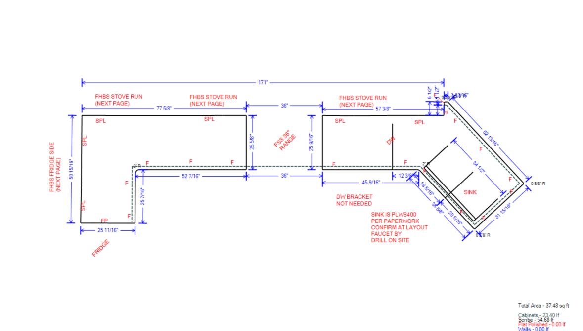 Anonymized dimensioned countertop template for kitchen with full-height backsplash