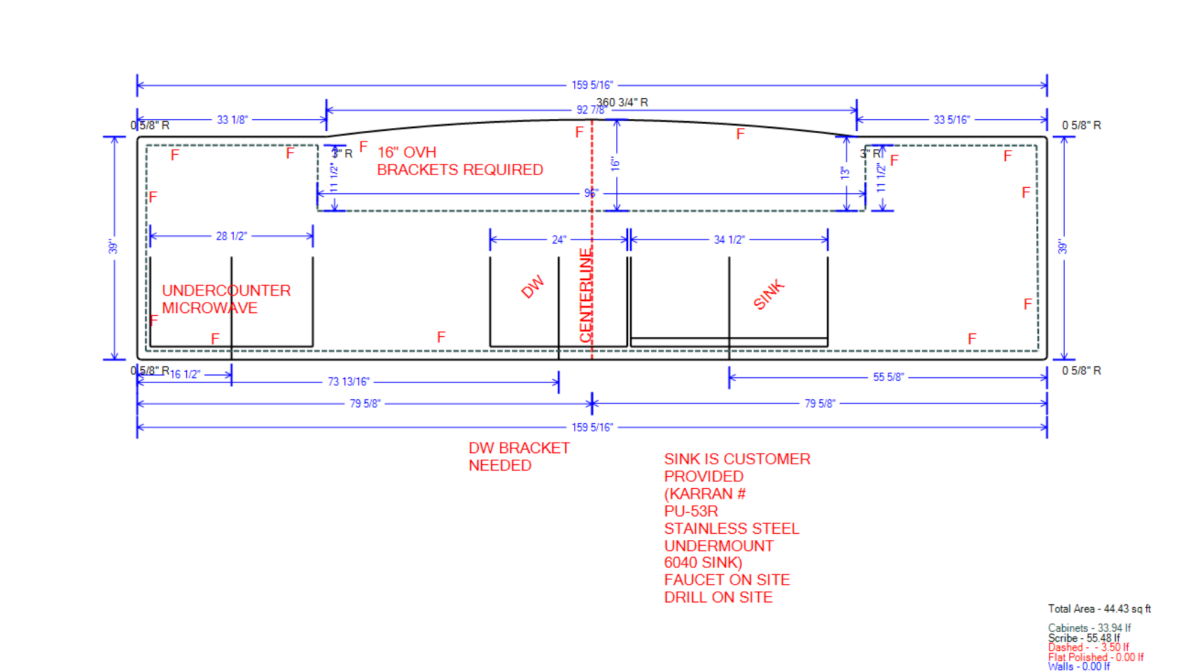 Anonymized dimensioned countertop template for kitchen with curved island