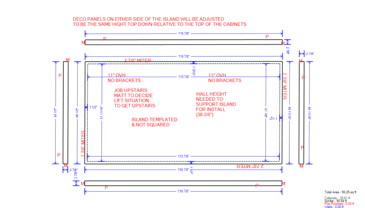 Anonymized dimensioned countertop template for crystallo quartzite kitchen