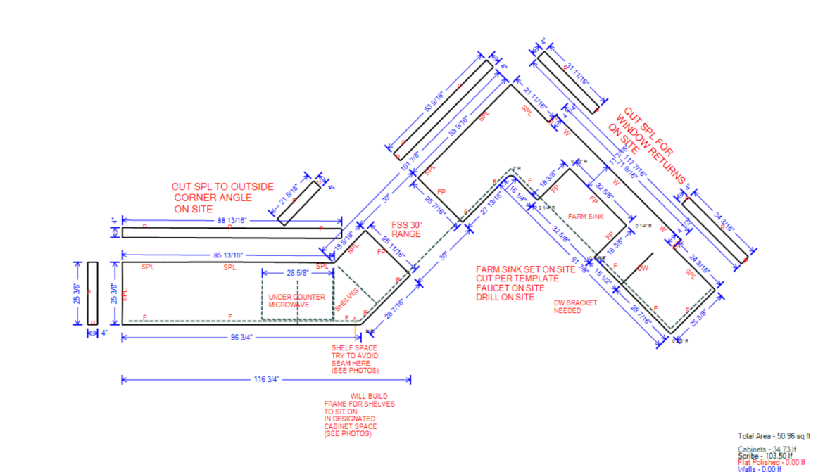 Anonymized dimensioned countertop template for angled kitchen with farm sink